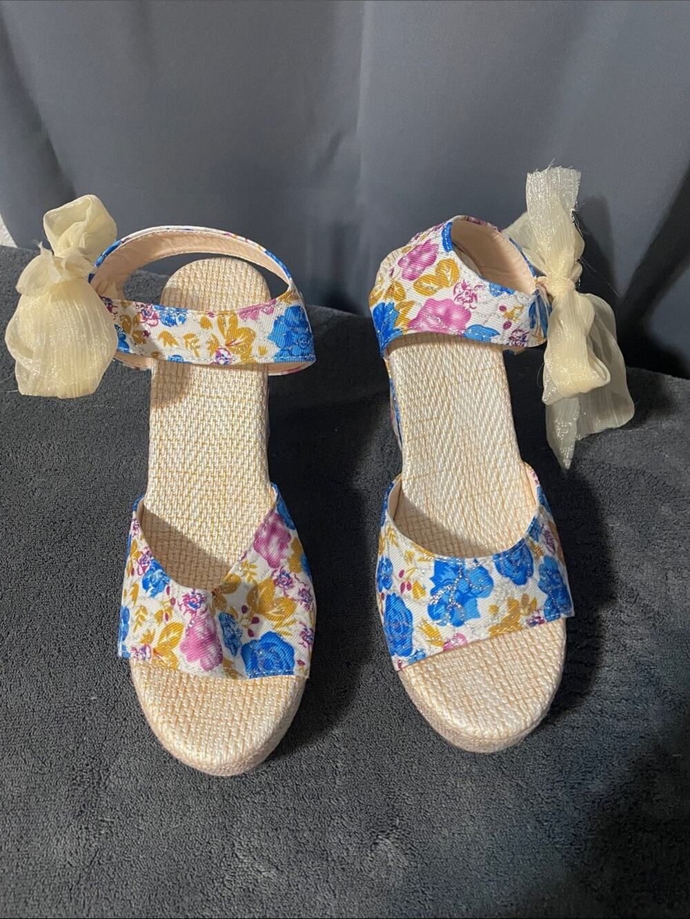Floral Ankle-Strap Wedge Sandals in Blue, Pink & Gold Size 5.5 NWOT